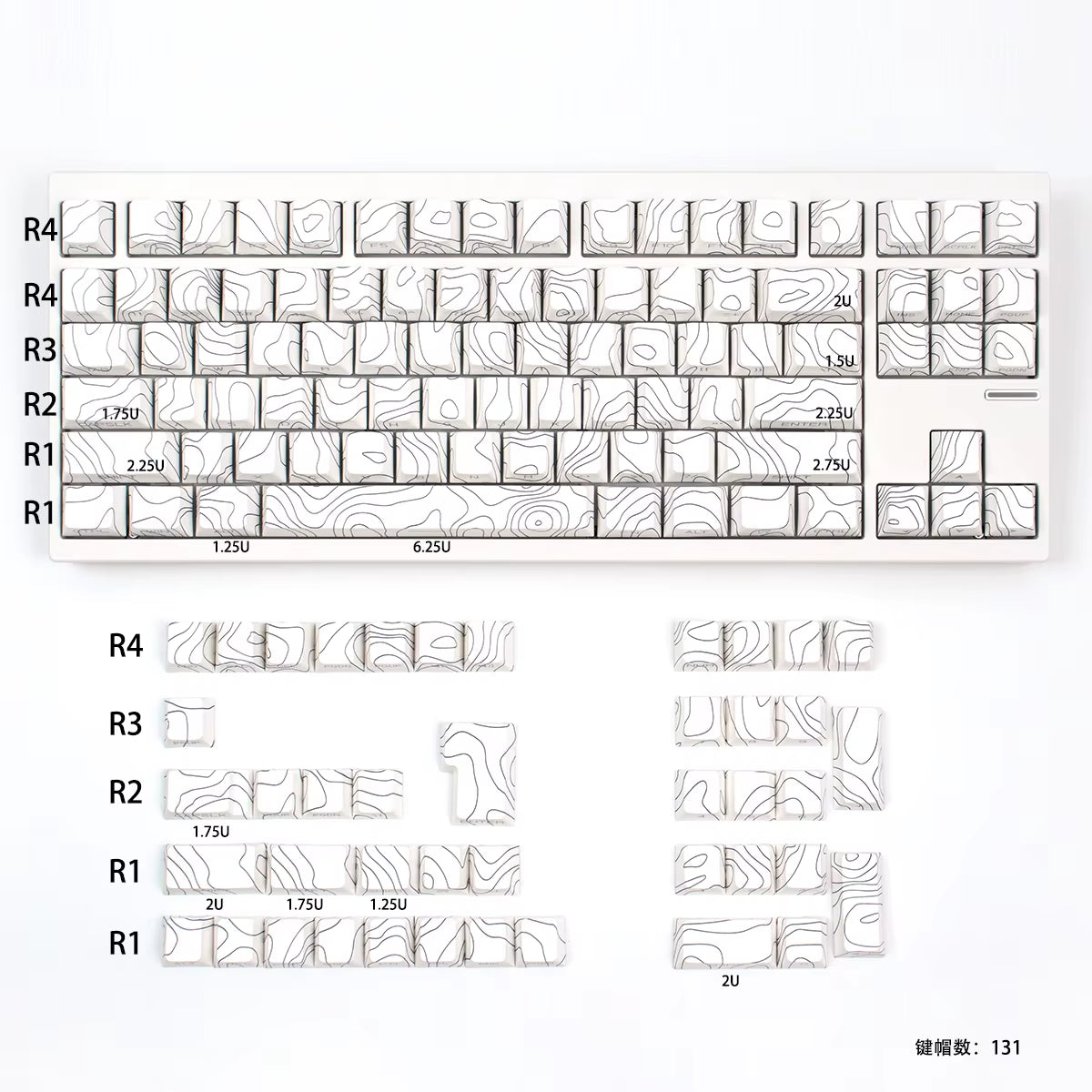 131 Key Keycaps Set Altitudes Line White Black Side Bright Print PBT Cherry Profile Dye-Sub for MX Gamer Mechanical Keyboard