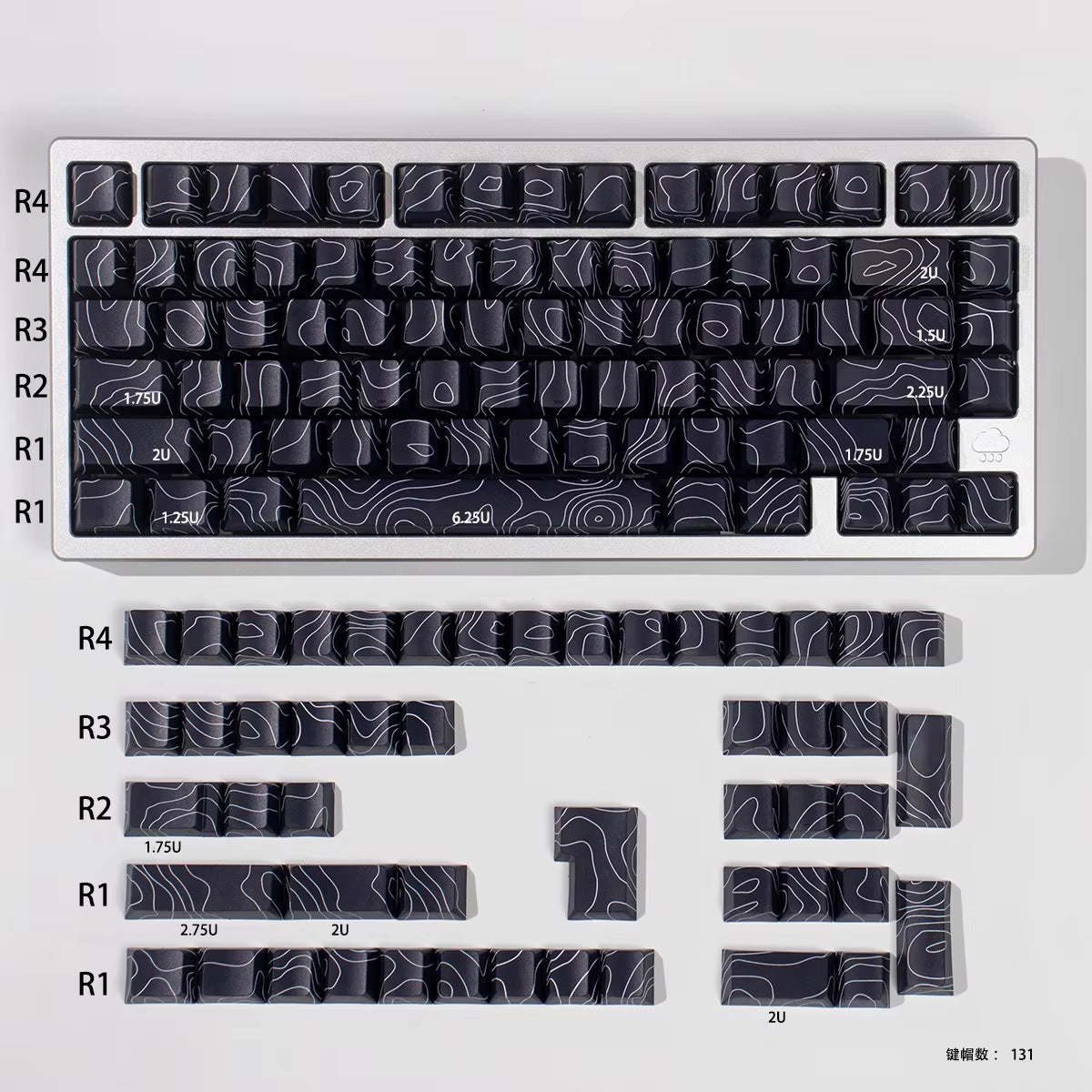 131 Key Keycaps Set Altitudes Line White Black Side Bright Print PBT Cherry Profile Dye-Sub for MX Gamer Mechanical Keyboard