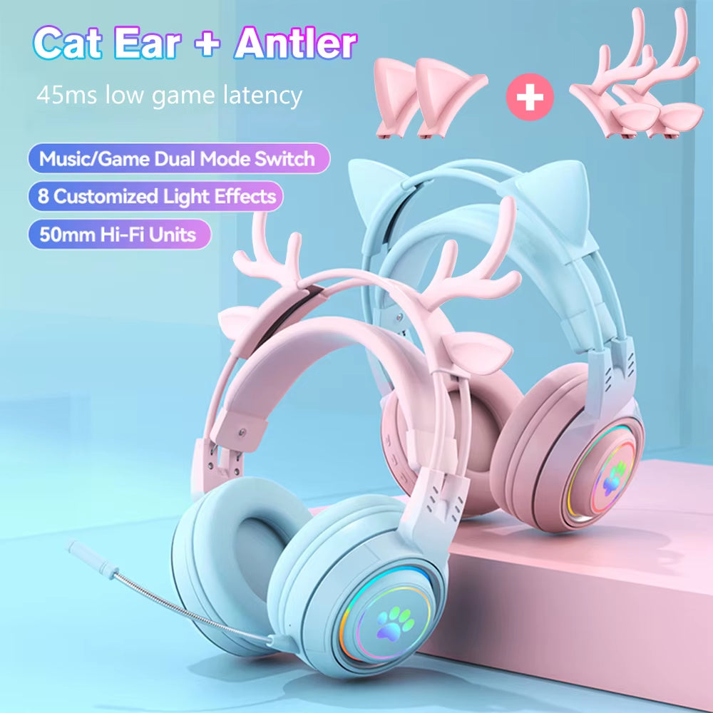 Cat Car Headphones Headset Gamer Wireless Headphones with Mic Gamer Girl Antler Bluetooth Gaming Headphones